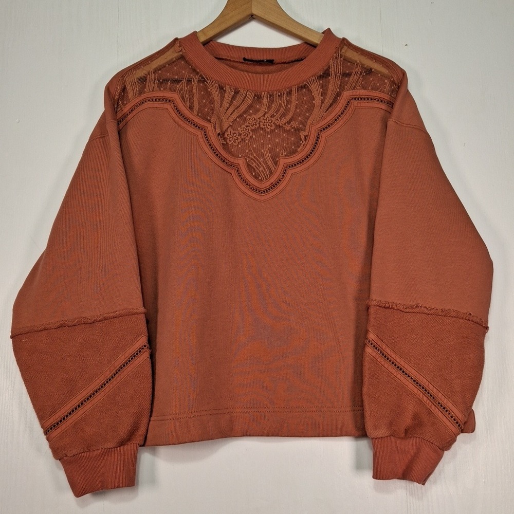 Miss Me Lace Yoke Sweatshirt Terracotta Rust Scalloped Neck Pullover Size Medium